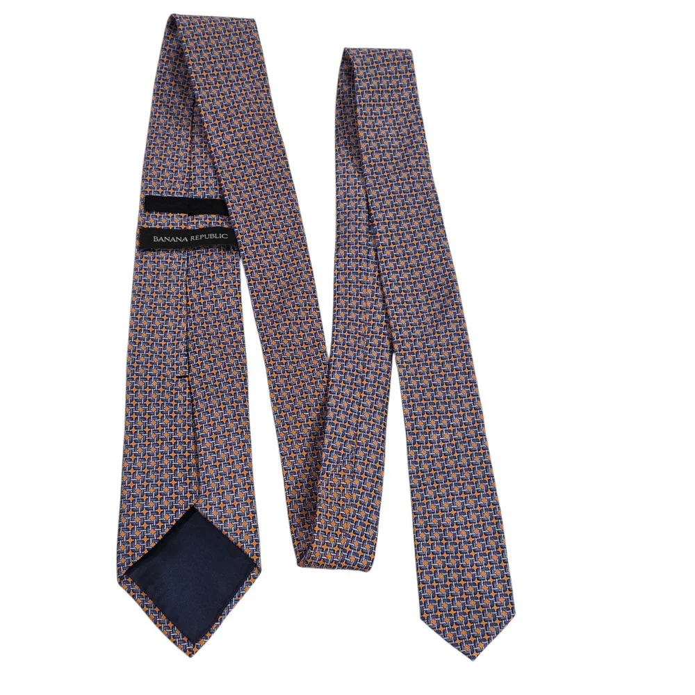 Banana Republic Mens Luxury Necktie Orange‎ Blue Geometric Silk Classic Formal